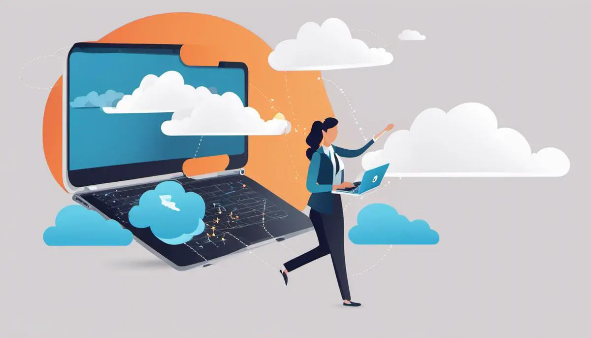 Illustration of a person using a laptop with clouds symbolizing cloud operations, representing the effectiveness of using AWS CLI with endpoint URLs in simplifying cloud operations.