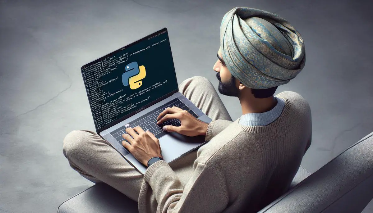 A realistic image of a person working on a Mac laptop in a coding environment, with Terminal open and Python 3 set as the default language. The screen displays Python 3's version number.